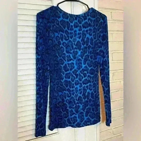 BCBG Max Azria Blue Animal Print Mesh Long Sleeve Top EUC - Picture 4 of 5